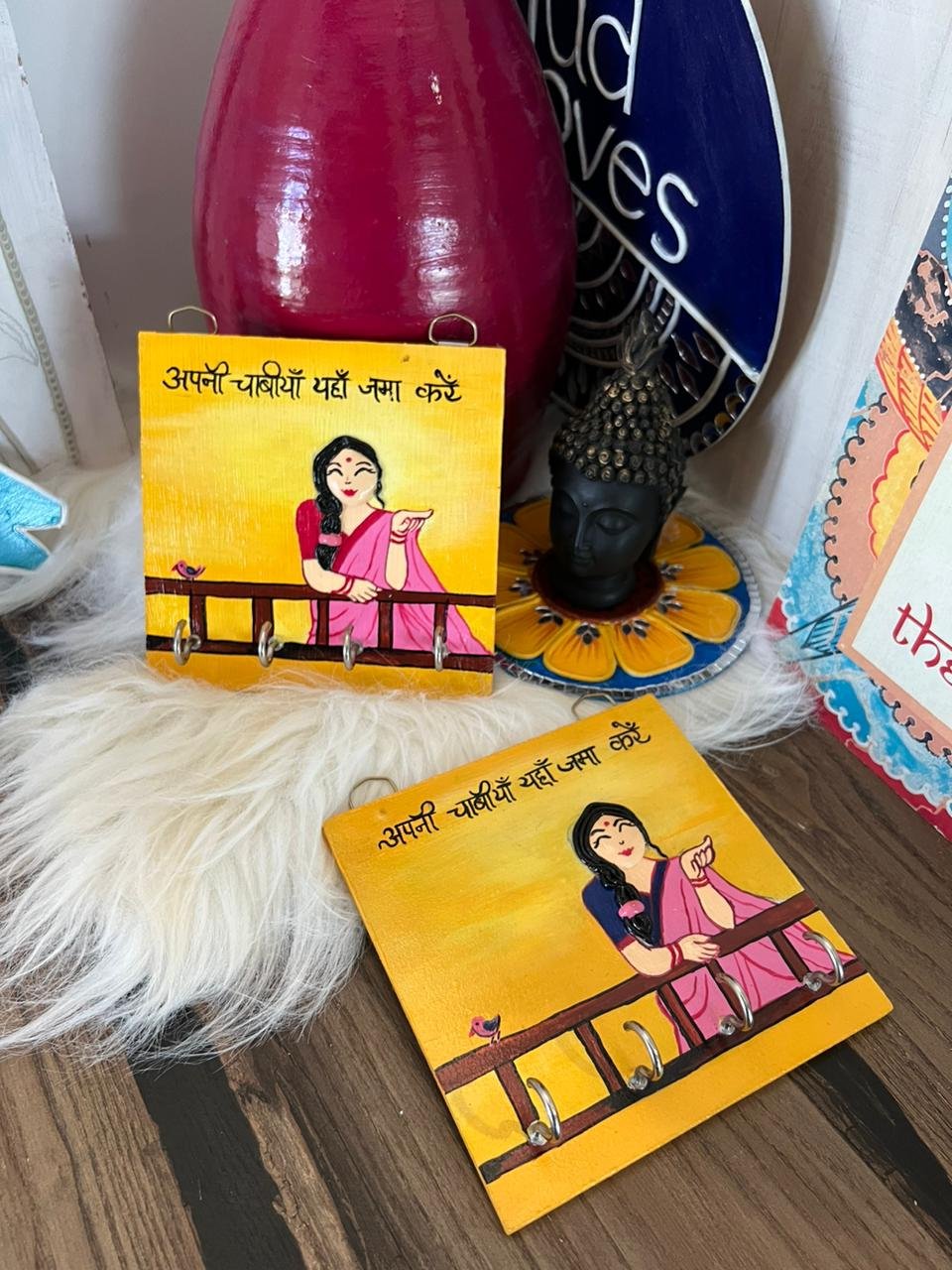 Mud Moves Aunty Keyholder - Funny Indian Lady Wall Key Holder — Close-Up Detail | Handmade Indian Decor