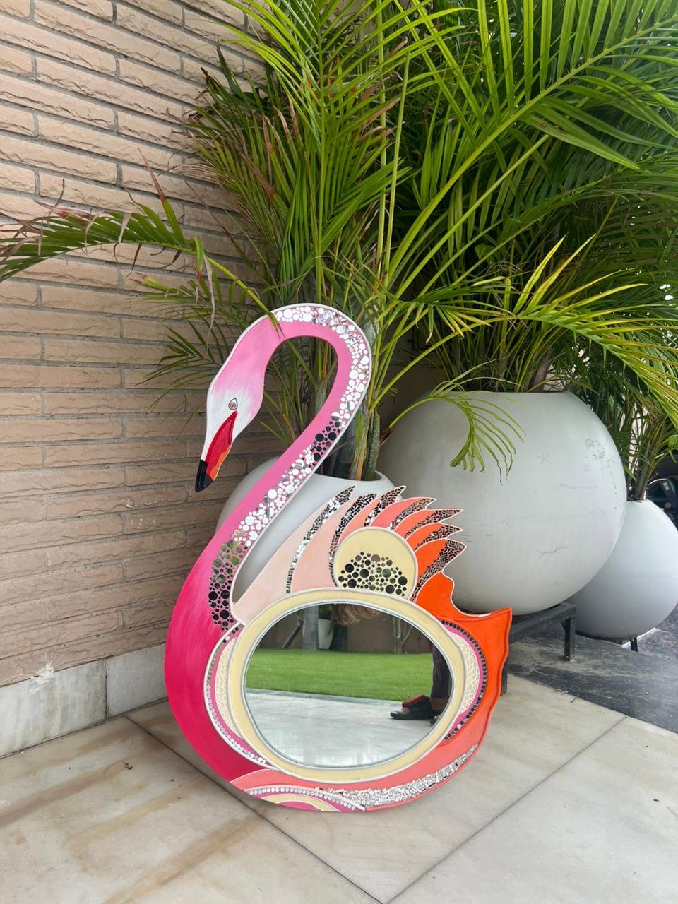Handcrafted Flamingo Shaped Decorative Mirror by Mud Moves — Hero View