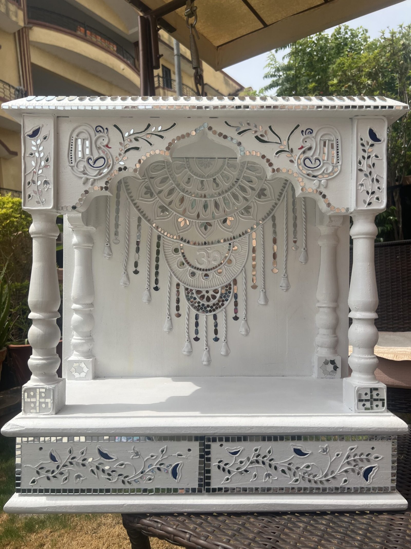 Mud Moves Wooden Puja Ghar — Close-Up Detail | Handmade Indian Decor
